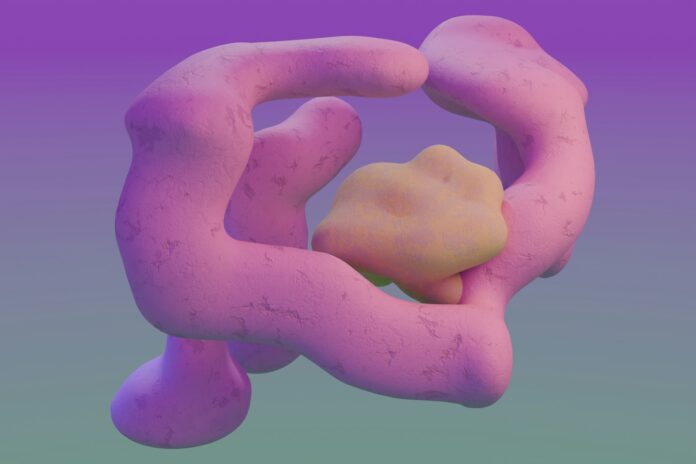 A close up of a pink object on a purple background